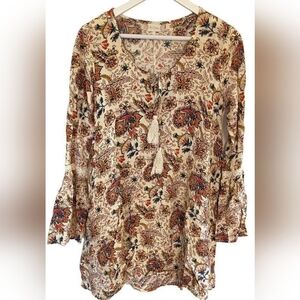 Altar'd State Floral Paisley Tunic Dress With Tassels and Bell Sleeves. Medium